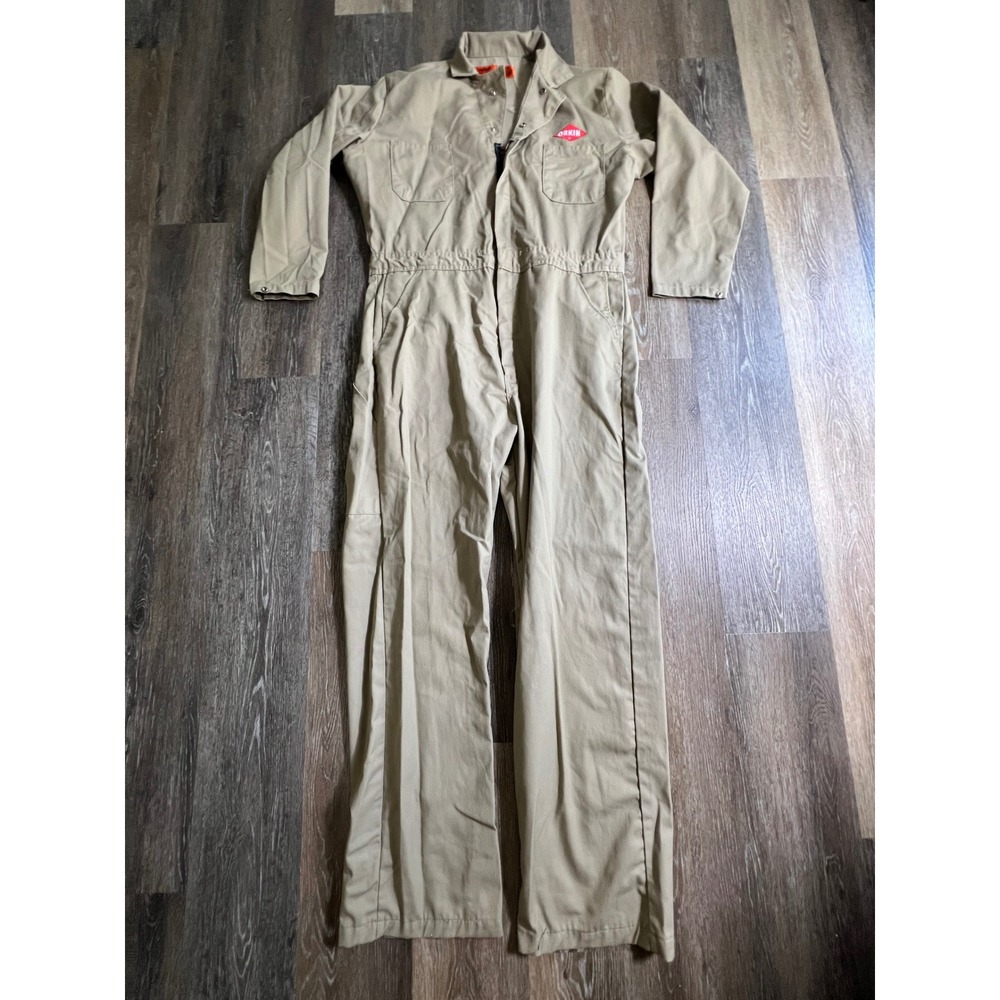 UniFirst Coveralls Mens 42-LN Tan Orkin Pest Control Patch Utility Work Jumpsuit